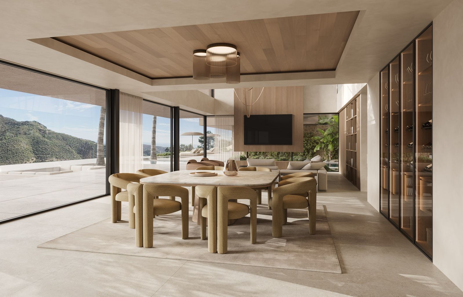 Modern matsal och vardagsrum med bergsutsikt i Villa Isola.