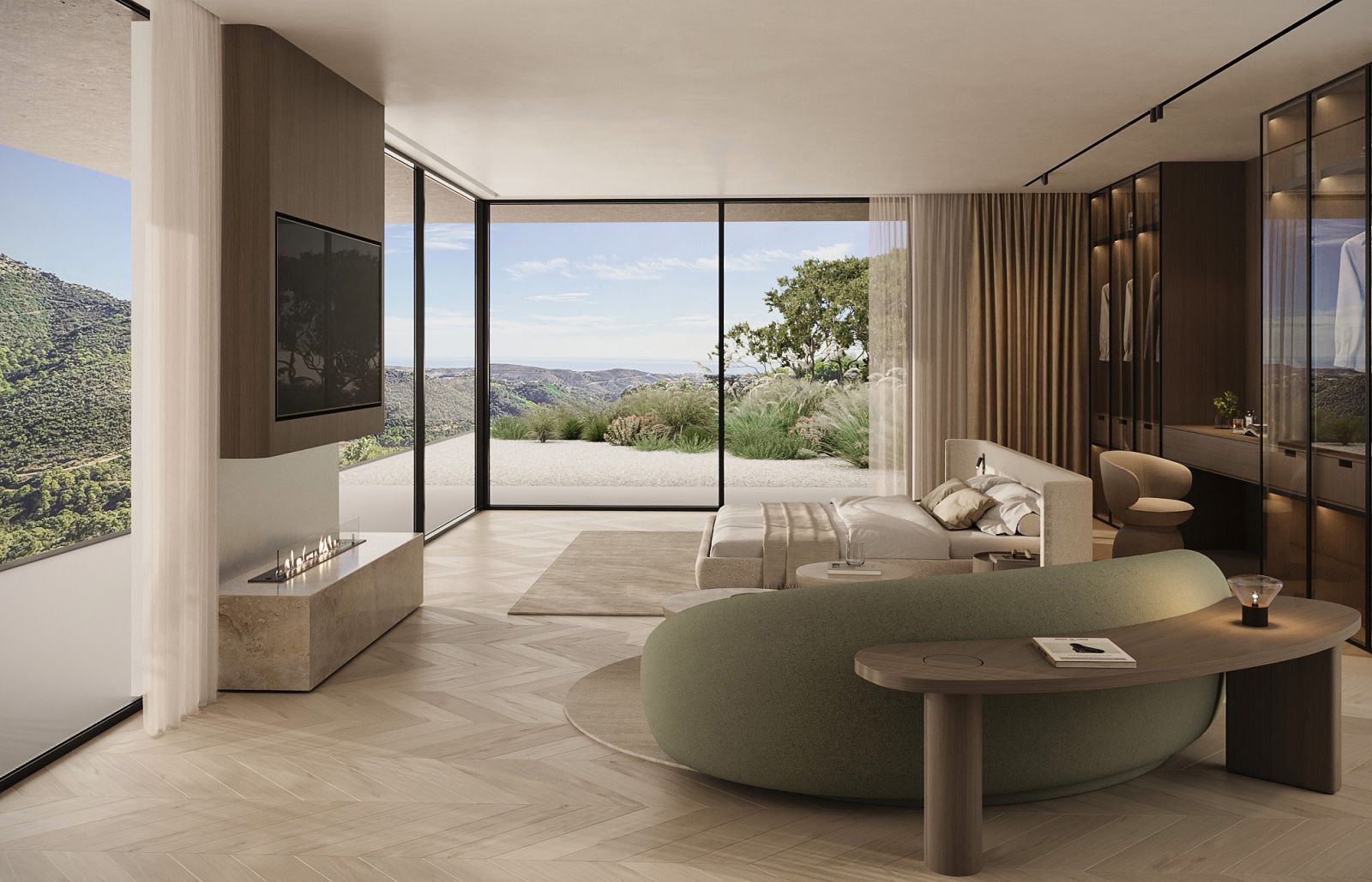 Modernt sovrum med öppen spis och havsutsikt i Villa Isola.