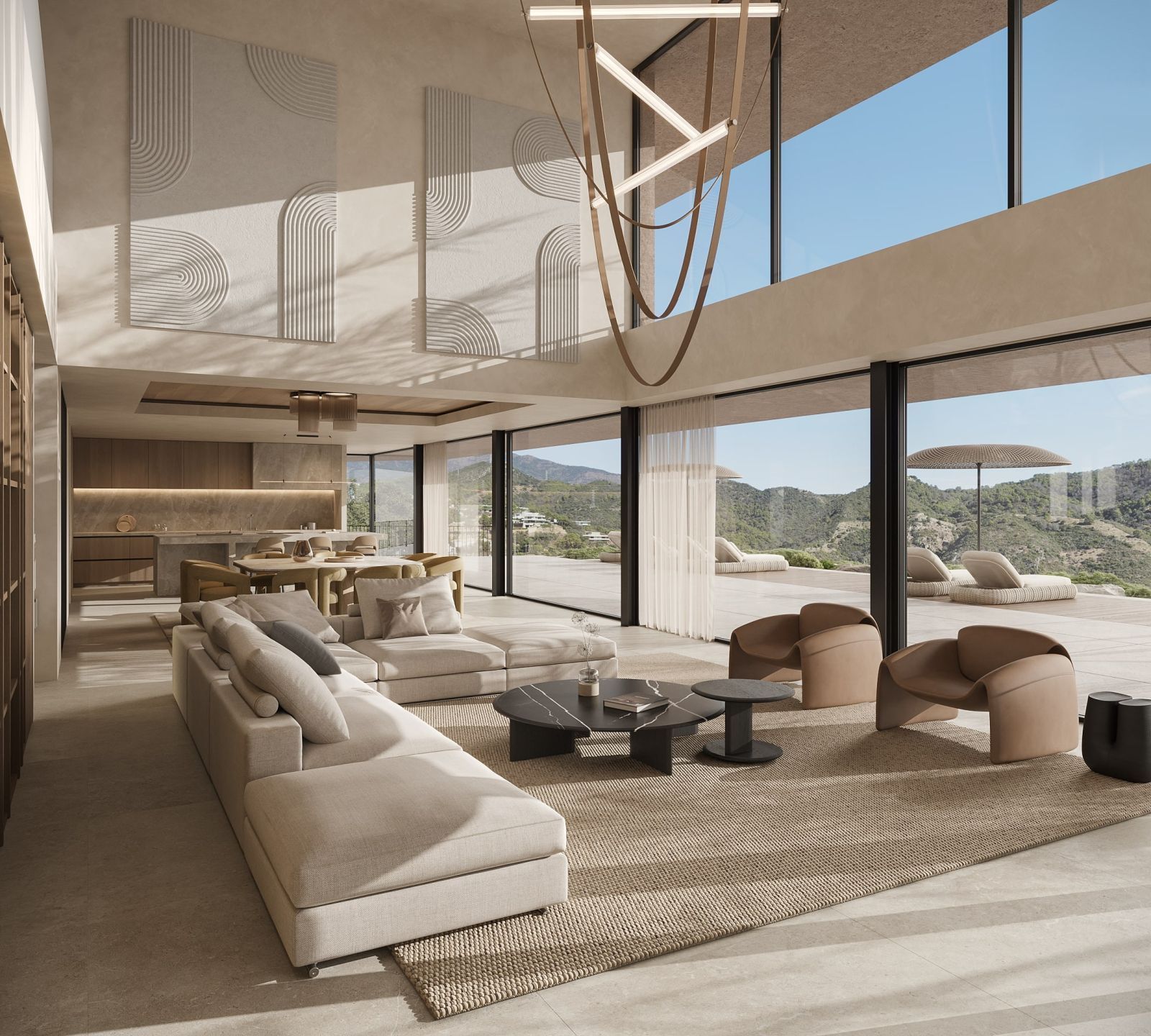 Rymlig modern vardagsrum med designmöbler och panoramautsikt över bergen i Villa Isola.